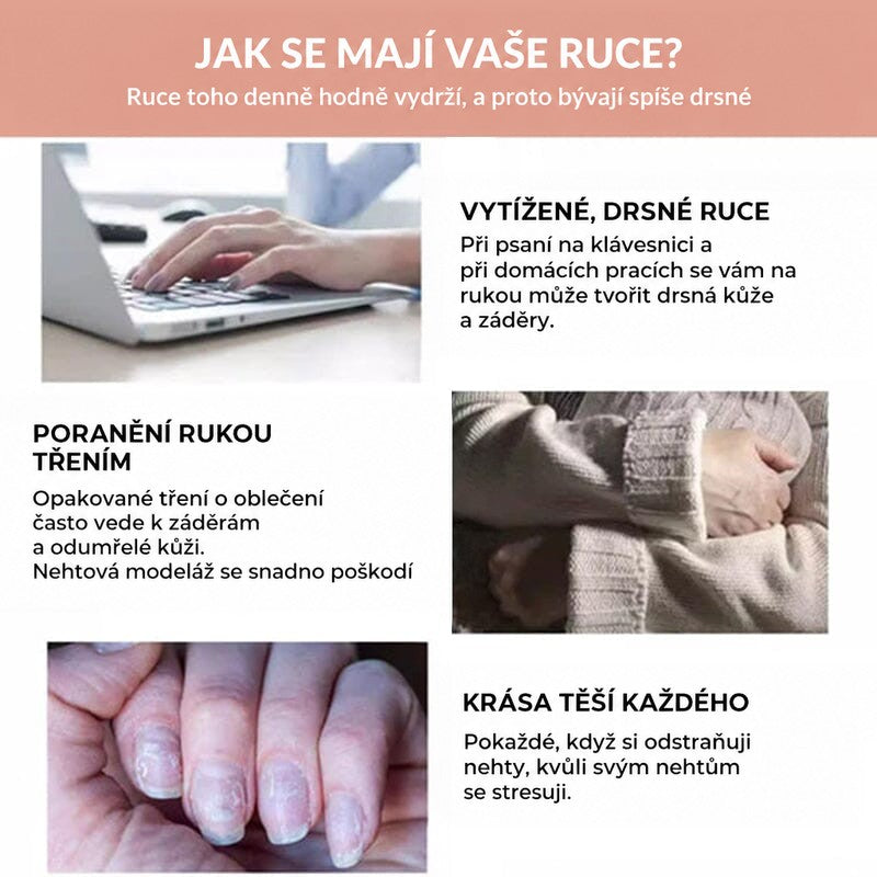 Tři situace namáhání rukou: psaní na notebooku, tření oblečení a poškozené nehty 6