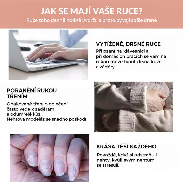 Tři situace namáhání rukou: psaní na notebooku, tření oblečení a poškozené nehty 6