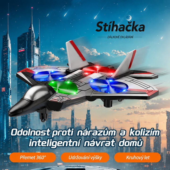 Letadlo s rozsvícenými barevnými LED vrtulemi letí nad futuristickým městem při západu slunce, oranžové štítky uvádějí funkce. 3