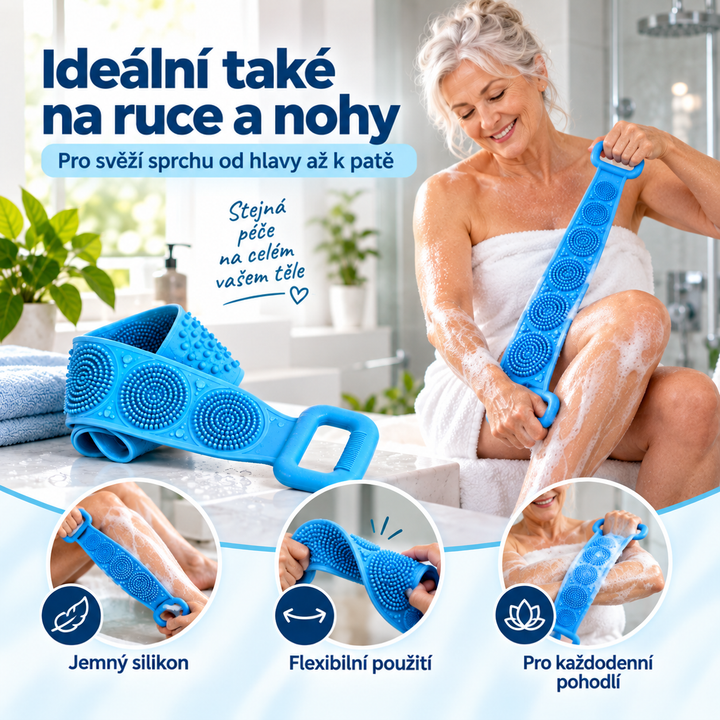 Žena v osušce myje modrým kartáčem nohu a paži, vedle leží kartáč s kruhovými hrbolky 6