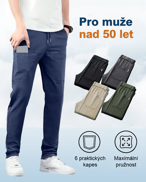 Modré kalhoty s telefonem v kapse, čtyři barevné varianty a ikony kapes a strečové tkaniny 13