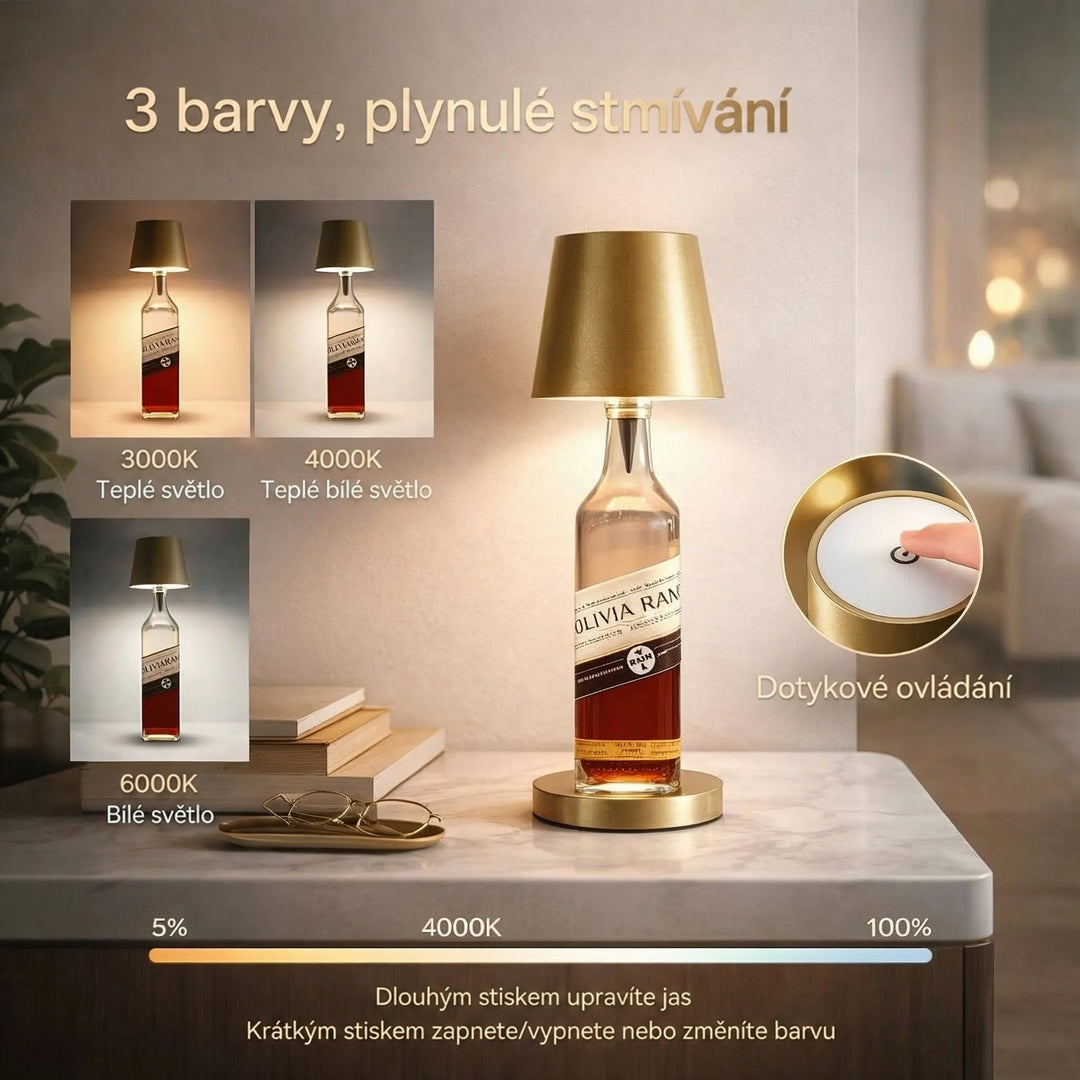 Zlatá lampička na lahvi se třemi barvami světla, dotykovým ovládáním a stmíváním na mramorovém stolku 2