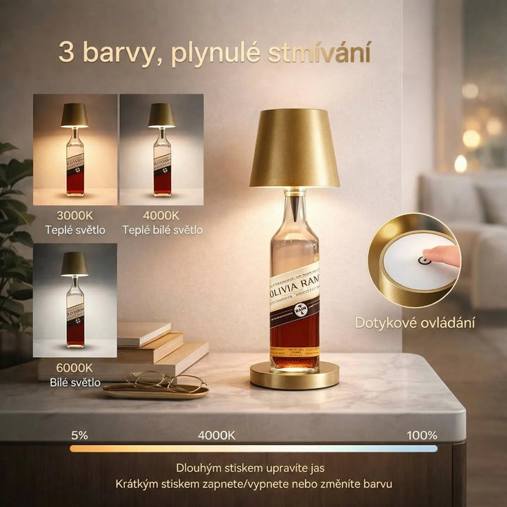 Zlatá lampička na lahvi se třemi barvami světla, dotykovým ovládáním a stmíváním na mramorovém stolku 2
