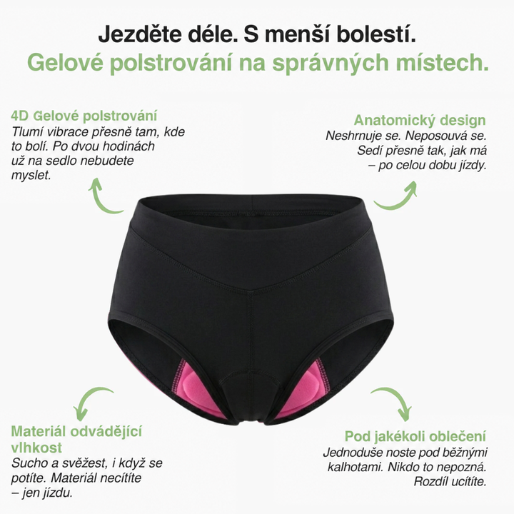 Černé kalhotky s růžovou gelovou vložkou, kolem nich popisky výhod: polstrování, střih, odvod vlhkosti, nošení pod oblečením 3