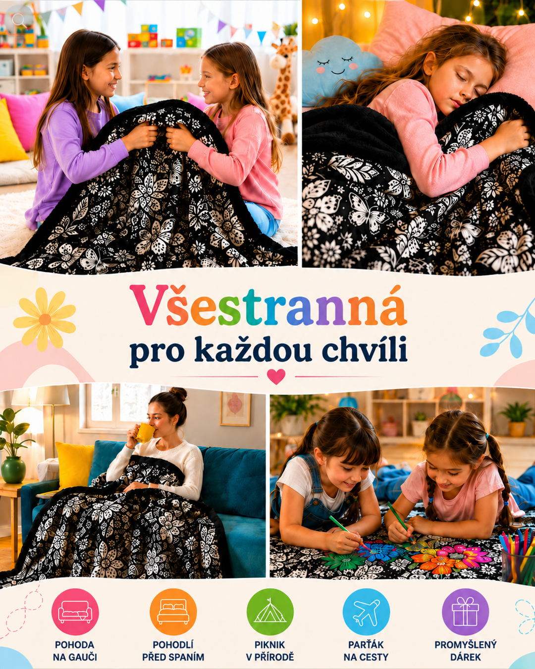 Koláž ze čtyř záběrů: děti s dekou, spící dívka, žena s hrnkem na pohovce, vybarvování 5