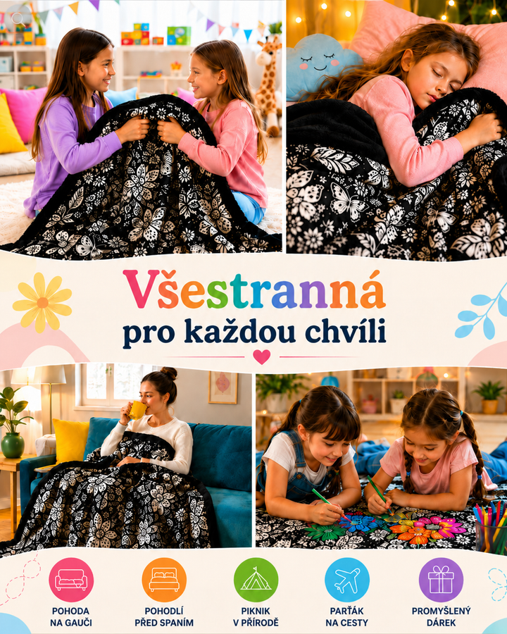 Koláž ze čtyř záběrů: děti s dekou, spící dívka, žena s hrnkem na pohovce, vybarvování 5