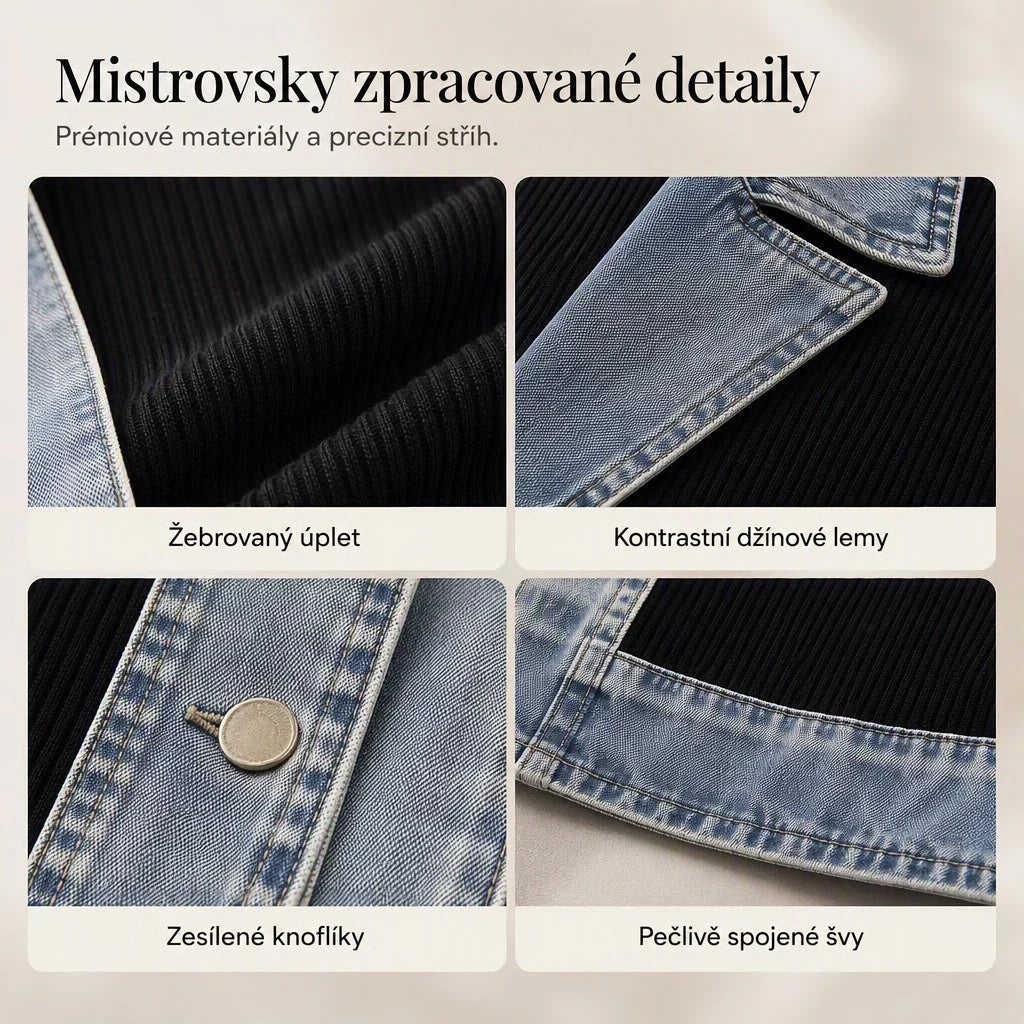 Čtyři detaily: žebrovaná pletenina, džínový lem, zesílený knoflík a prošité spoje džínoviny 9