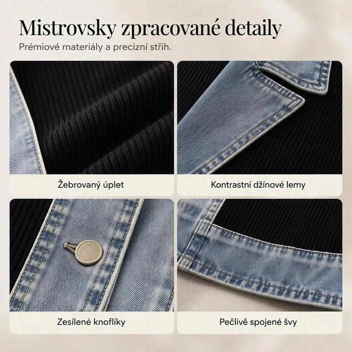Čtyři detaily: žebrovaná pletenina, džínový lem, zesílený knoflík a prošité spoje džínoviny 9