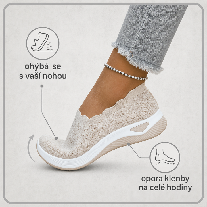 Béžová pletená bota s bílou podešví při ohybu chodidla, doplněná ikonami o pružnosti a podpoře klenby 2