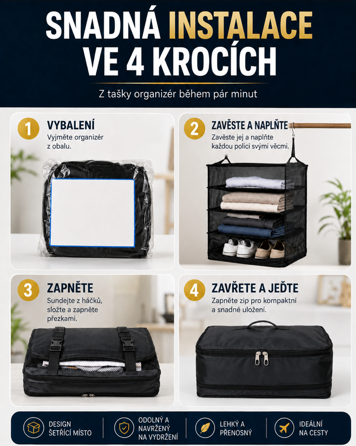 Čtyři kroky použití organizéru: vybalení, zavěšení a naplnění, sbalení do přezek, zavření na zip 4