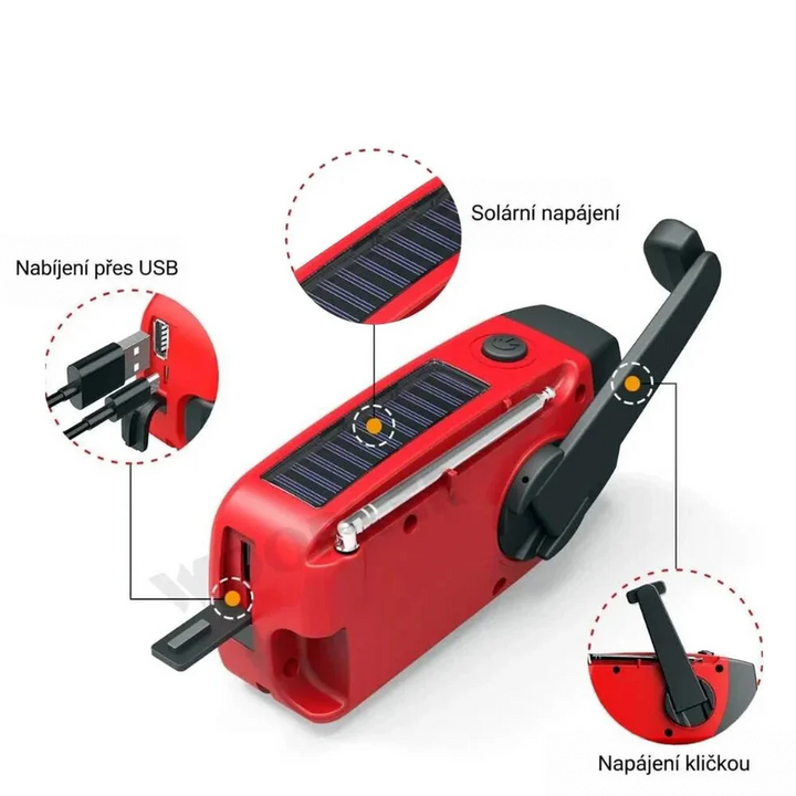 Červené rádio shora s výřezy ukazujícími solární panel, USB výstup a ruční kliku 3