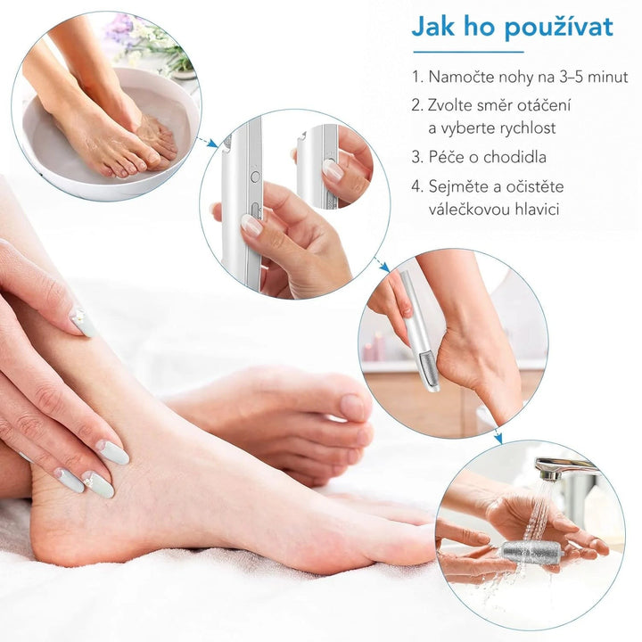 Postup použití ve čtyřech krocích: namáčení nohou, volba směru a rychlosti, broušení paty a opláchnutí válečku pod tekoucí vodou. 6