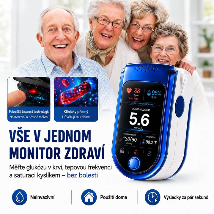Modrobílý prstový monitor s displejem před skupinkou usmívajících se seniorů, doplněný ikonami s výhodami přístroje. 1