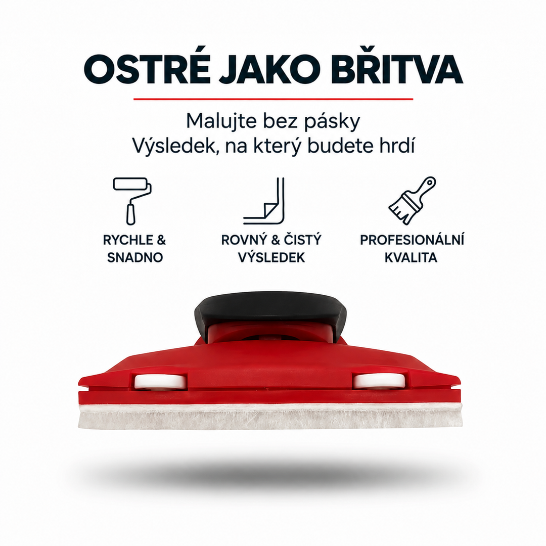Červený nástroj s černým držadlem a bílým plstěným pásem, pohled zepředu na hraně 1