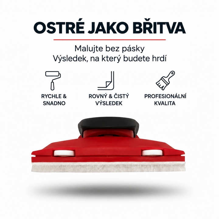 Červený nástroj s černým držadlem a bílým plstěným pásem, pohled zepředu na hraně 1