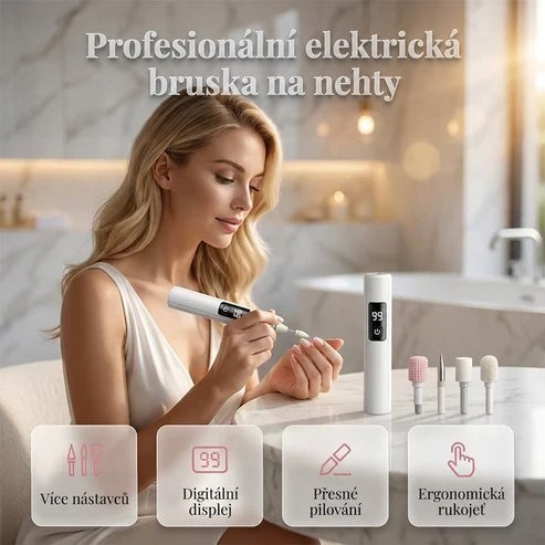 Blondýnka v koupelně si pilníkem upravuje nehty, vedle stojí bílé zařízení se čtyřmi nástavci 1