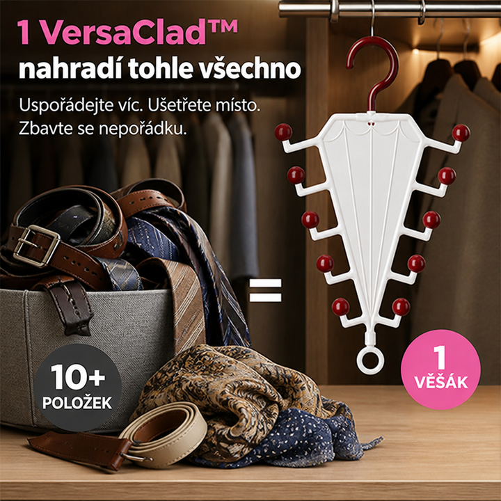 Bílý věšák vedle hromady opasků, kravat a šál v boxu, srovnání úložného prostoru 4