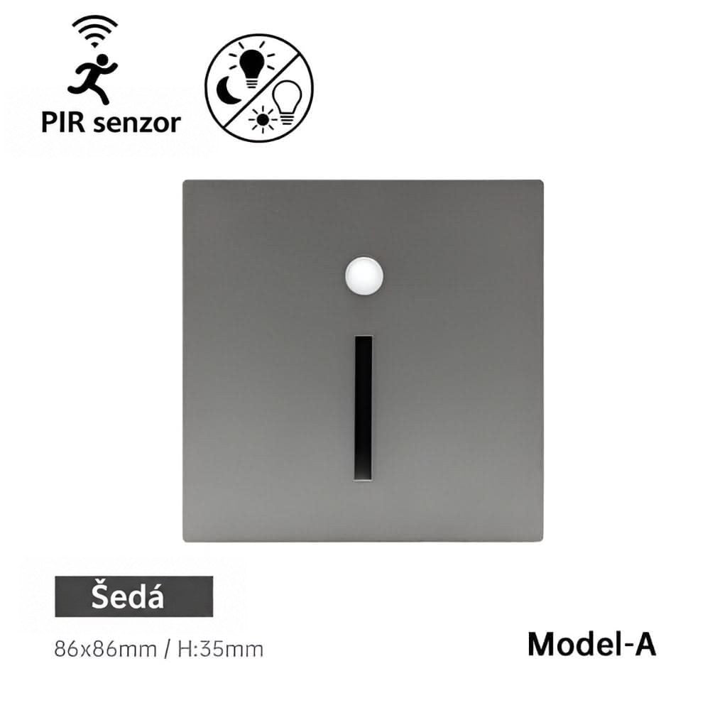 Šedé čtvercové svítidlo s kulatým senzorem a svislou štěrbinou, model s úzkým výřezem, pohled zepředu 8