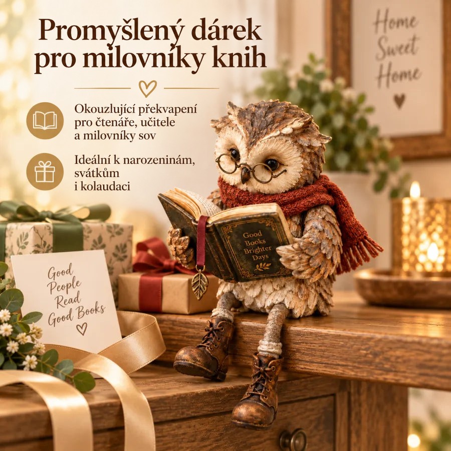 Sova s knihou sedí na komodě mezi zabalenými dárky, kartičkou a svíčkou jako nápad na dárek 7