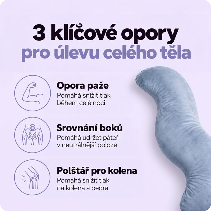 Část modrého polštáře vedle ikon podpory paže, boků a kolen při spánku 6