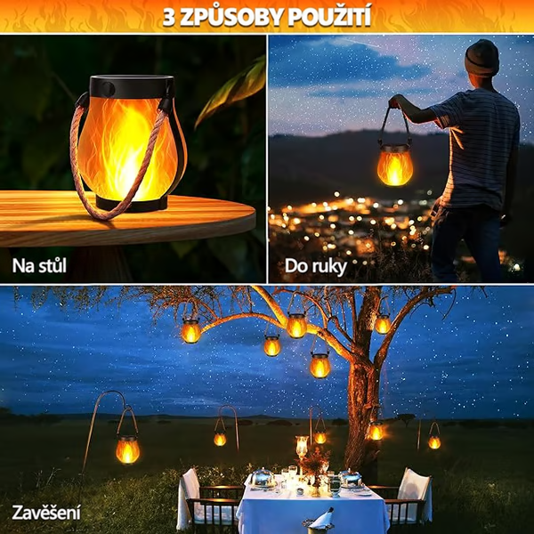 Tři způsoby použití lucerny: položená na stole, nesená v ruce a zavěšená na stromě 5