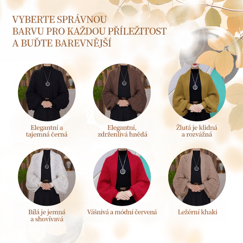 Přehled šesti barevných variant kardiganu na modelce: černá, hnědá, hořčicová, bílá, červená a khaki 13