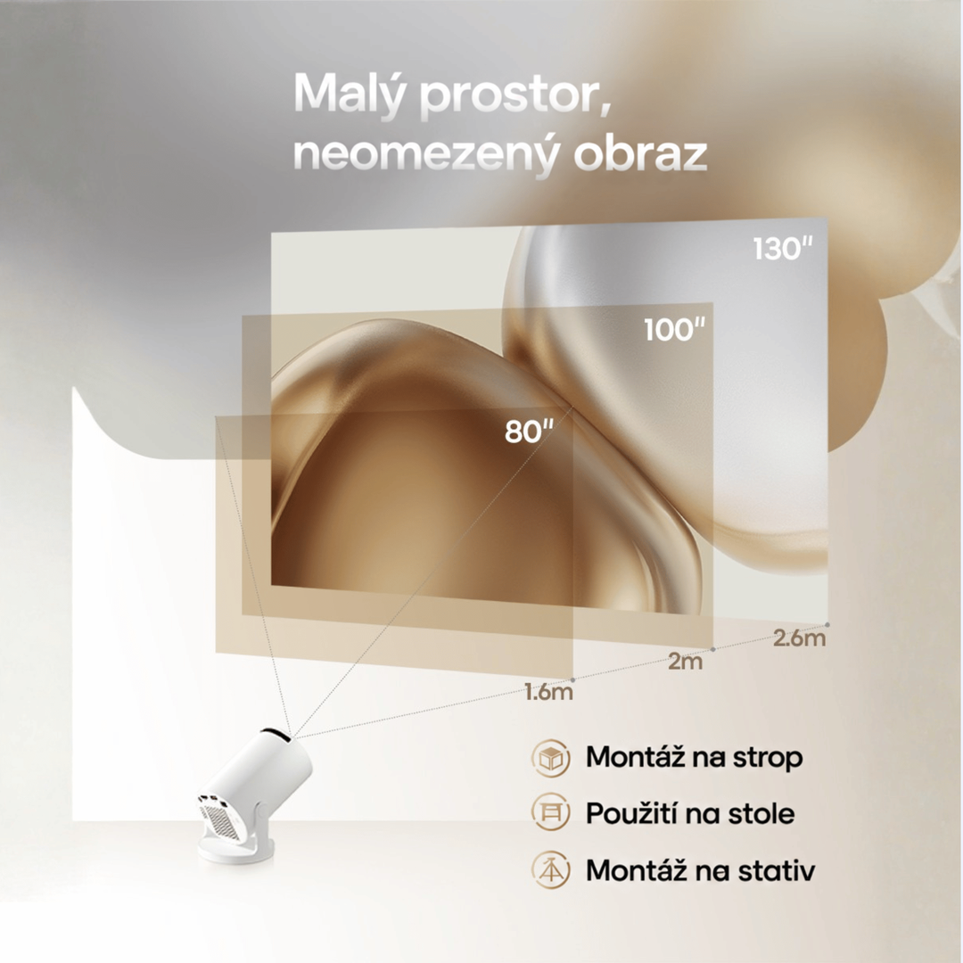 Schéma velikosti promítaného obrazu 80, 100 a 130 palců podle vzdálenosti, s možnostmi umístění 18
