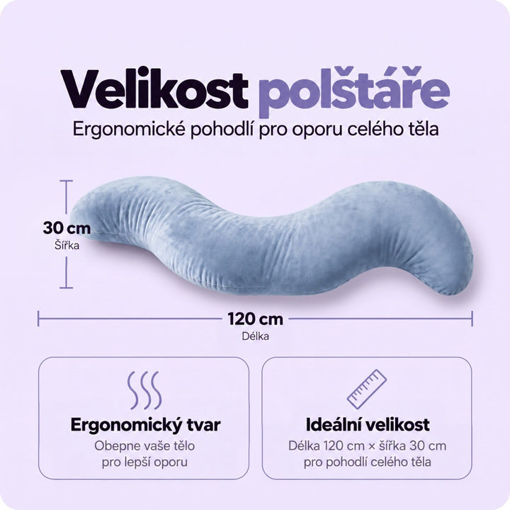 Modrý polštář ve tvaru S s kótami délky a šířky a popisem ergonomického tvaru 5