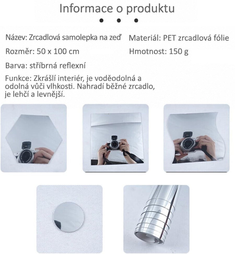 Informace o produktu s ukázkou zrcadlových výřezů různých tvarů odrážejících fotoaparát a rolí fólie 8