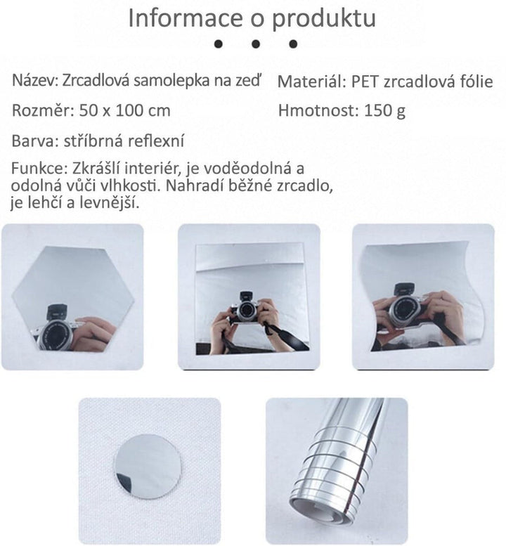 Informace o produktu s ukázkou zrcadlových výřezů různých tvarů odrážejících fotoaparát a rolí fólie 8