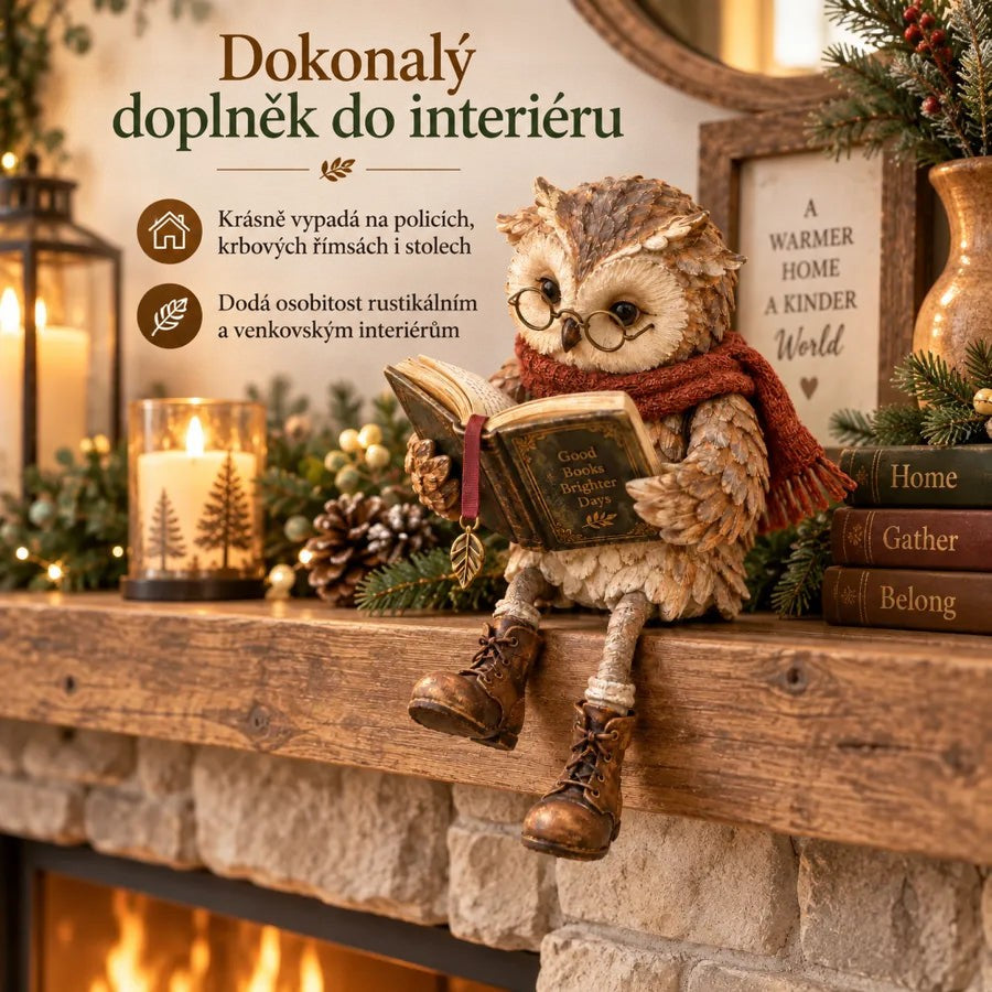 Figurka sovy sedí na dřevěné krbové římse mezi svíčkami, šiškami a větvičkami jehličí, pod ní hoří oheň. 5