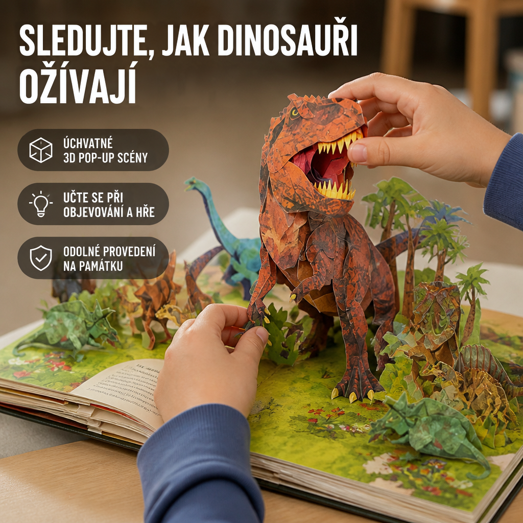 Dětské ruce zblízka drží papírového tyranosaura vyčnívajícího z rozevřené stránky s palmami a dalšími dinosaury 4