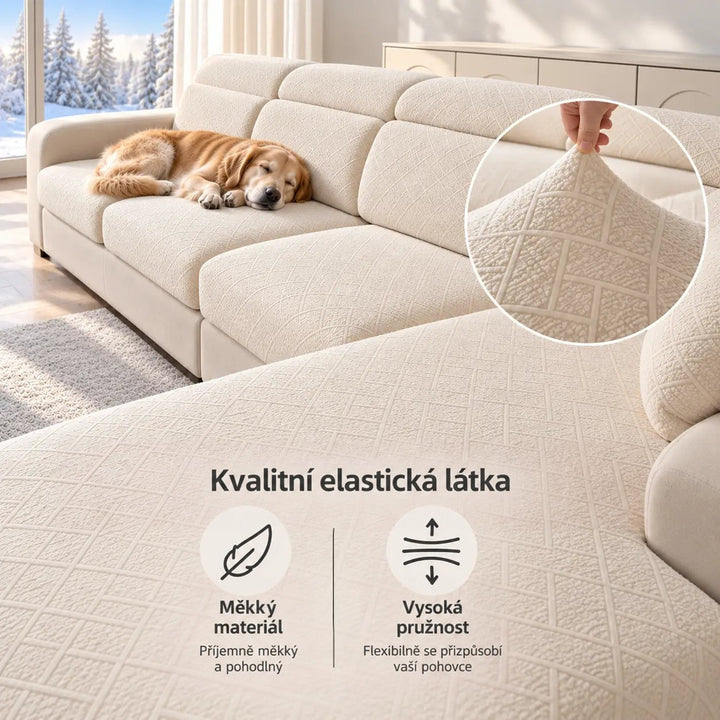 Krémový potah na pohovce se spícím psem a detailem natažené elastické látky 3