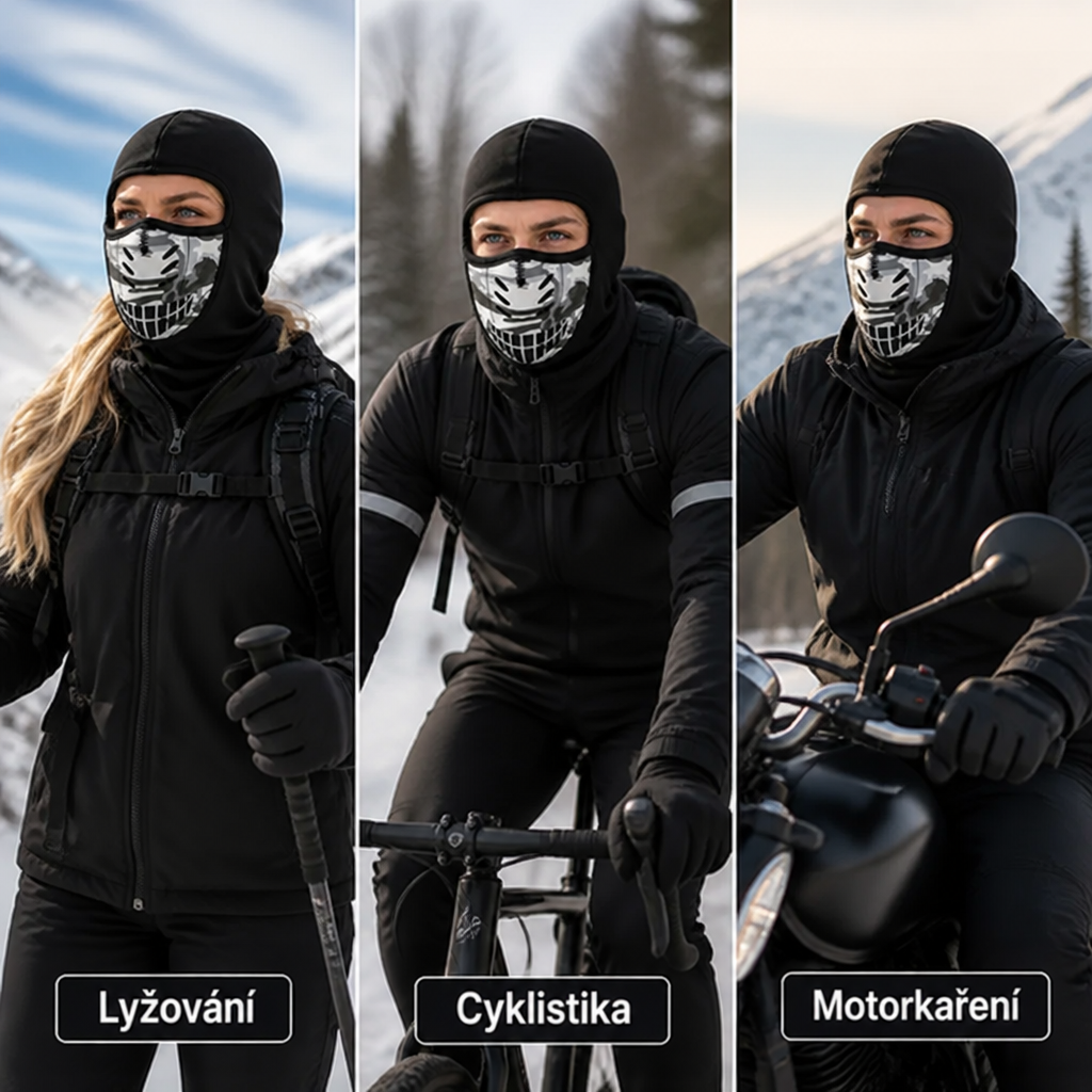 Tři zimní záběry vedle sebe: lyžařka, cyklista a motorkář nosí černou kuklu s kamuflážním panelem na obličeji. 5