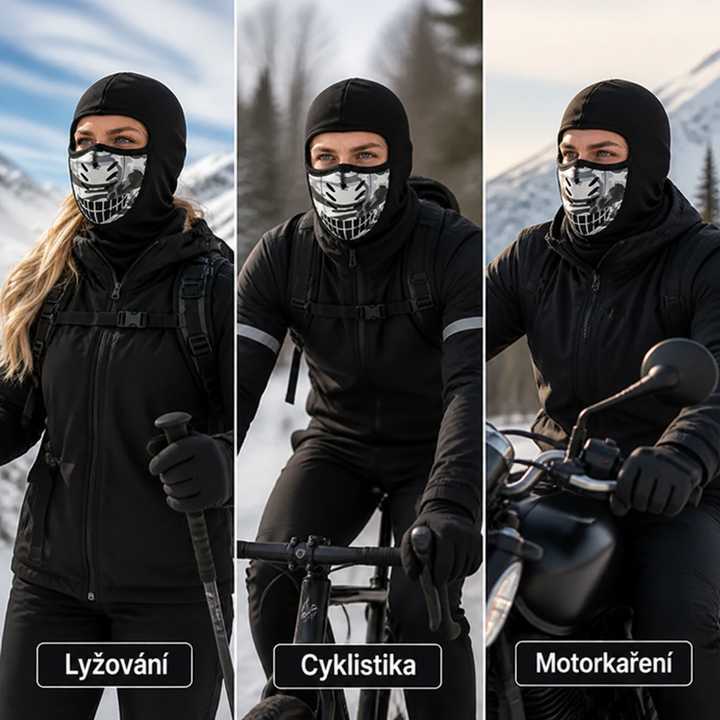Tři zimní záběry vedle sebe: lyžařka, cyklista a motorkář nosí černou kuklu s kamuflážním panelem na obličeji. 5