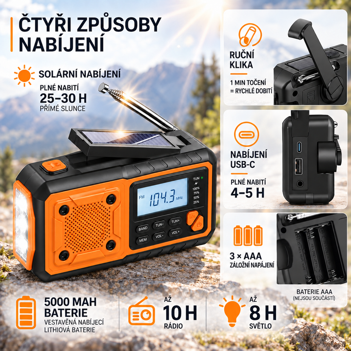 Čtyři způsoby napájení rádia: solární panel, ruční klika, USB-C nabíjení a záložní baterie AAA 5