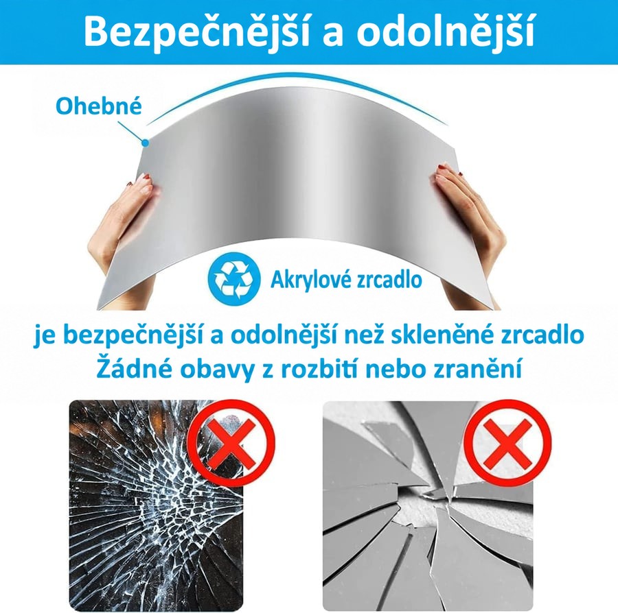Ruce ohýbají pružnou akrylovou zrcadlovou fólii, pod ní rozbité sklo a střepy zrcadla jako varování před rozbitím. 7