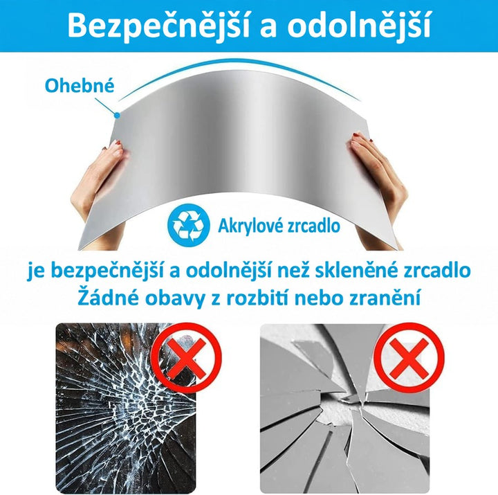 Ruce ohýbají pružnou akrylovou zrcadlovou fólii, pod ní rozbité sklo a střepy zrcadla jako varování před rozbitím. 7