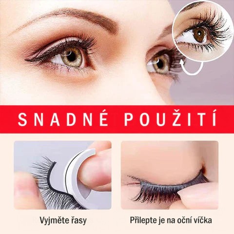 Postup nasazení řas ve dvou krocích: sundání řasy z držáku prsty a přiložení na oční víčko, nahoře detail oka. 2