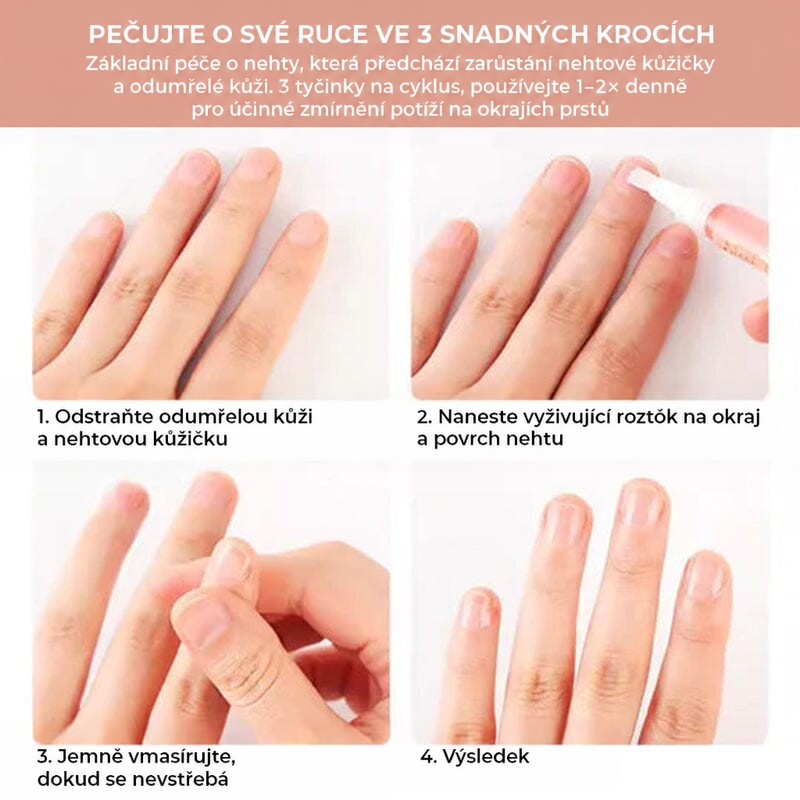 Čtyřkrokový návod péče o nehty: odstranění kůžiček, nanesení oleje, vmasírování a výsledek 5