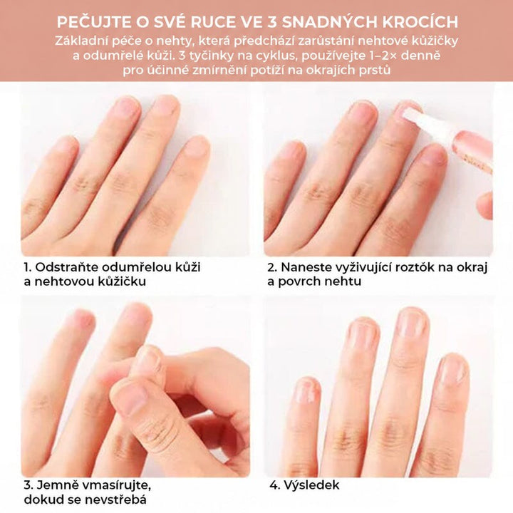 Čtyřkrokový návod péče o nehty: odstranění kůžiček, nanesení oleje, vmasírování a výsledek 5