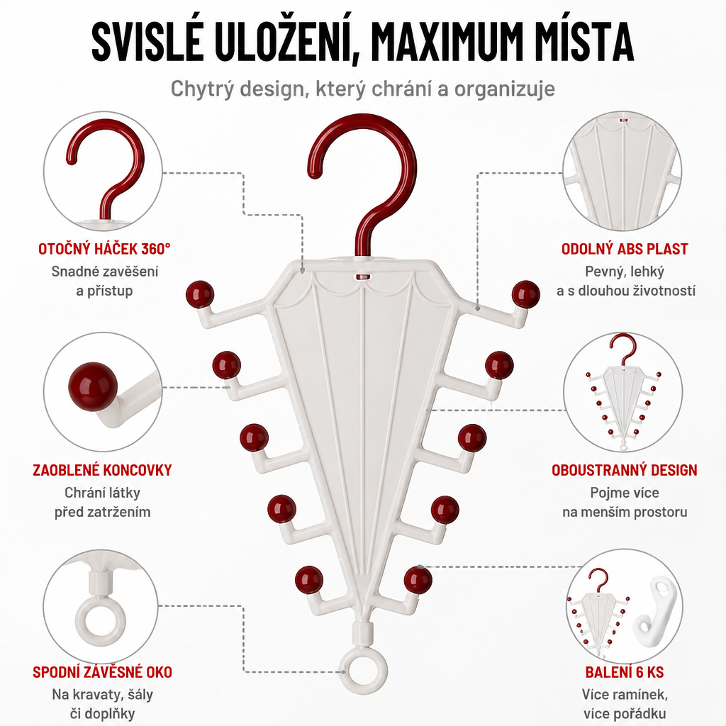 Bílý věšák s červenými kuličkami a háčkem v popsaném nákresu s detaily háčku, kuliček a kroužku 7