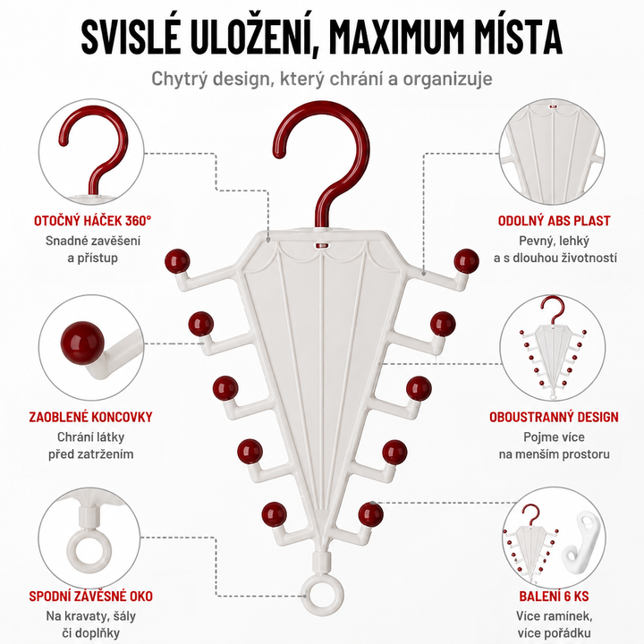 Bílý věšák s červenými kuličkami a háčkem v popsaném nákresu s detaily háčku, kuliček a kroužku 7