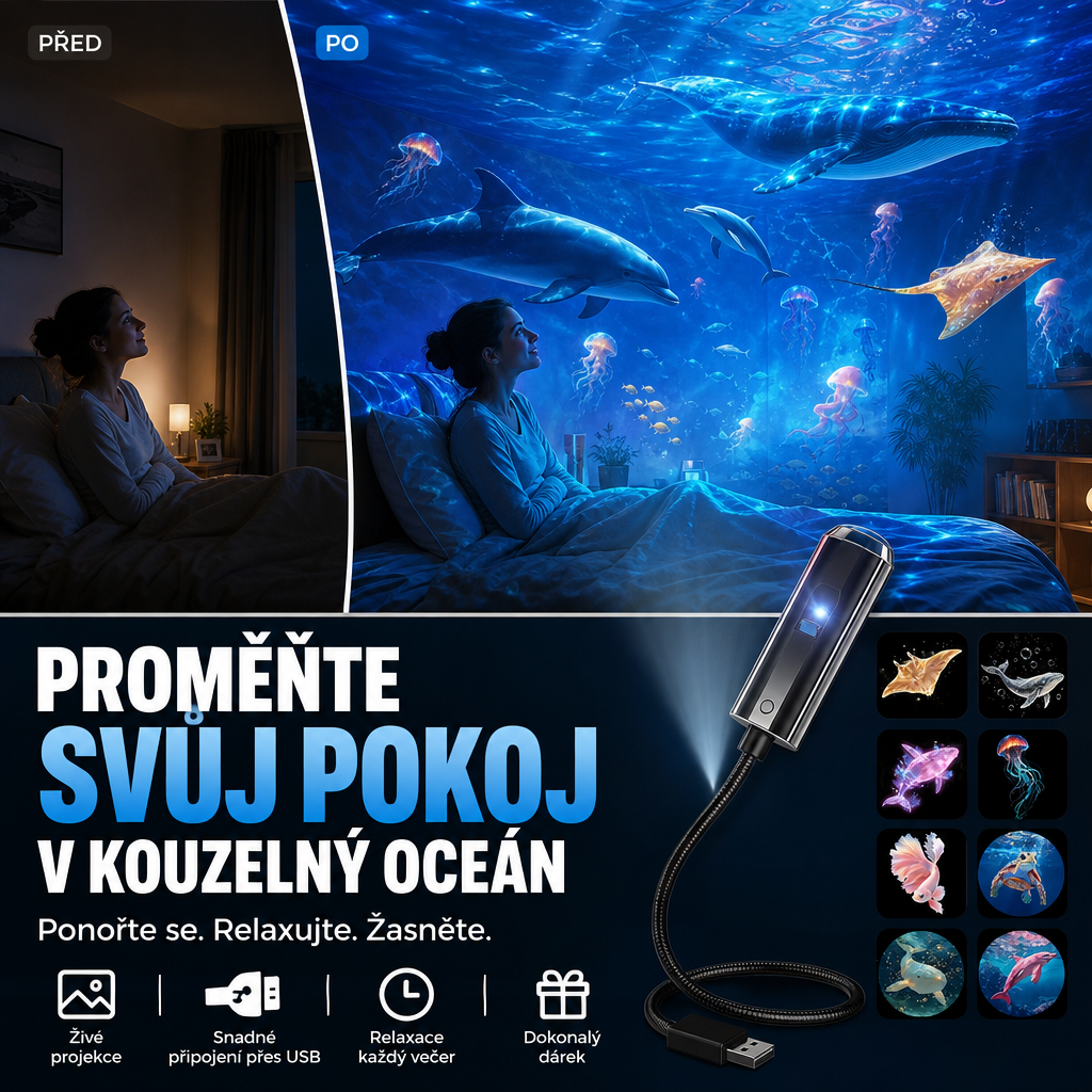 Srovnání ložnice před a po: žena v posteli sleduje na stěně promítané oceánské motivy, vedle projektor s USB 1