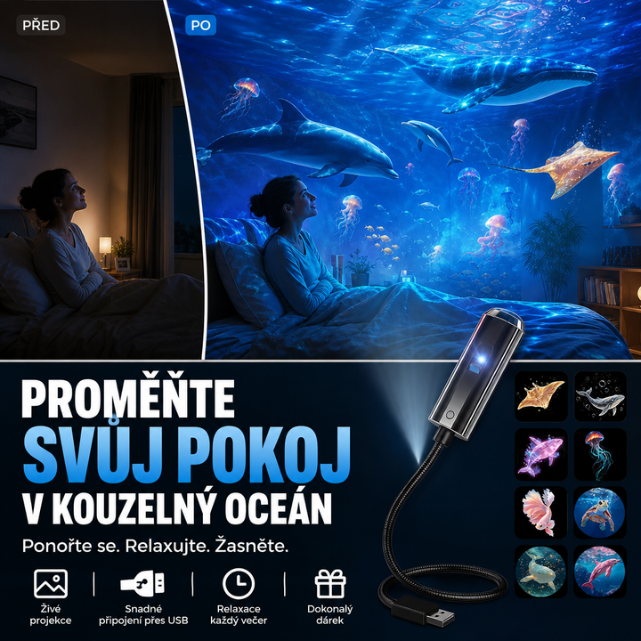 Srovnání ložnice před a po: žena v posteli sleduje na stěně promítané oceánské motivy, vedle projektor s USB 1