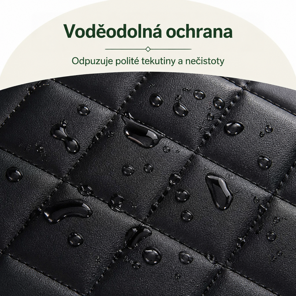 Detail černého prošívaného povrchu s kapkami vody, které zůstávají na hladké látce a nevsakují. 3