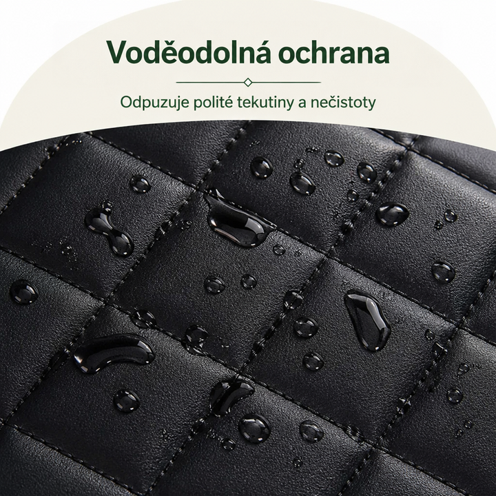 Detail černého prošívaného povrchu s kapkami vody, které zůstávají na hladké látce a nevsakují. 3