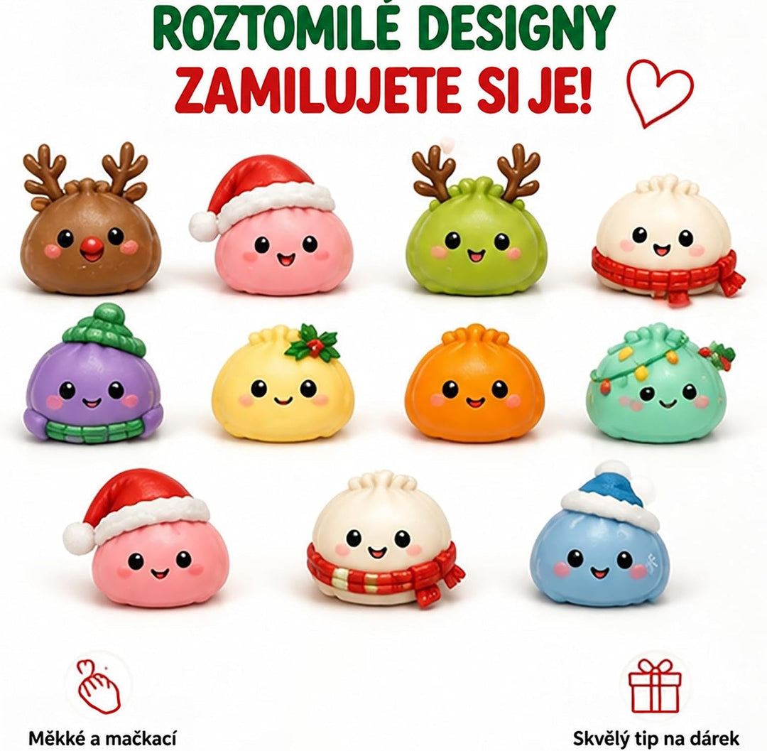Přehled jedenácti barevných mačkacích figurek s oblíčkem, vánočními čepicemi, parohy a šálami na bílém pozadí 3