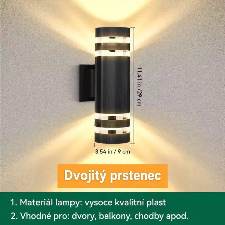 Válcové svítidlo se dvěma světelnými pásy na každém konci, uvedené rozměry výšky a průměru 14