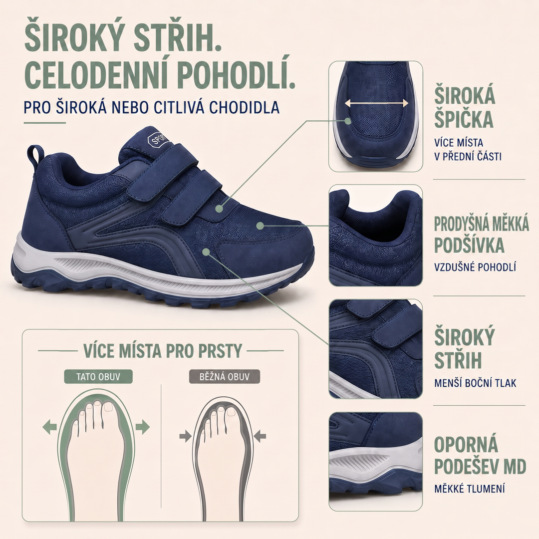 Infografika modré boty s detaily široké špičky, prodyšné podšívky a srovnáním šířky prostoru pro prsty 3